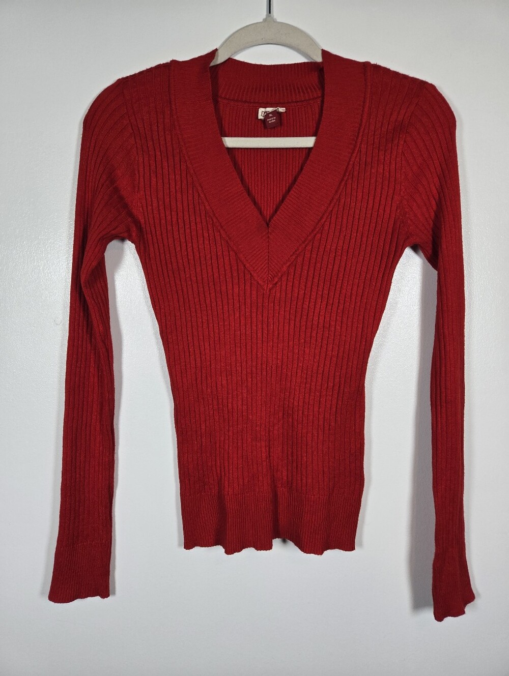 Lei Y2K Red Long Sleeve Fitted V-Neck Ribbed Lightweight Sweater Top Size XL